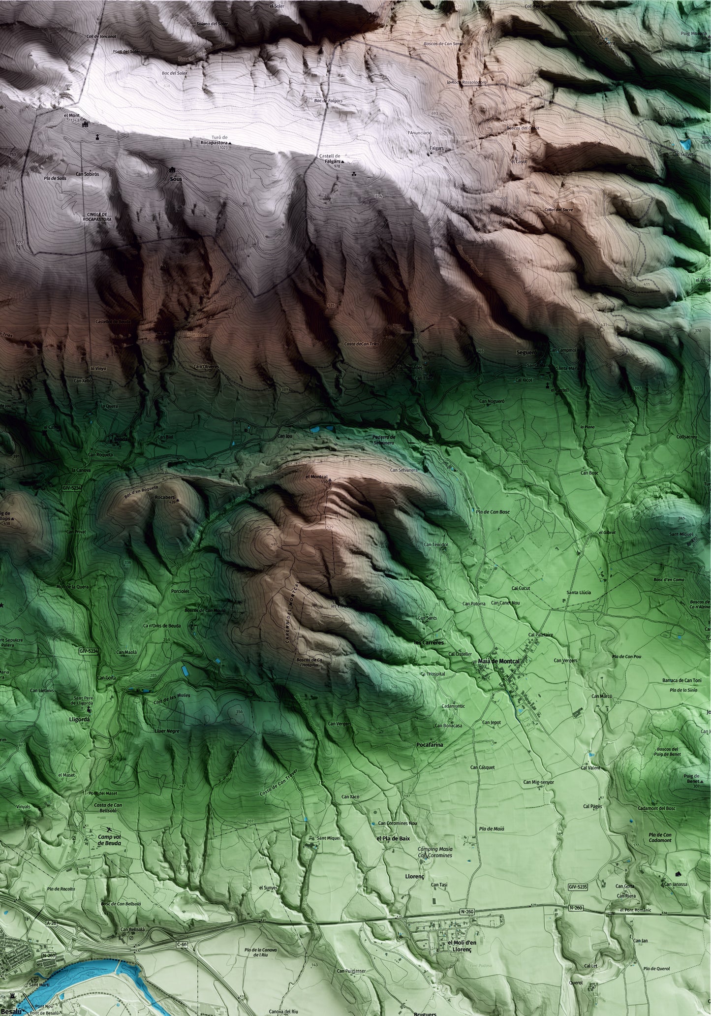 Mapa artístico del relieve de Besalú, a la Garrotxa, con 15 km de entorno y base topográfica ICGC. Detalle de la zona superior derecha.