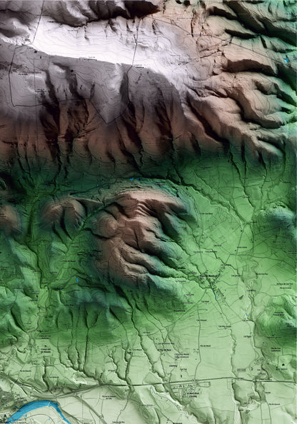 Mapa artístico del relieve de Besalú, a la Garrotxa, con 15 km de entorno y base topográfica ICGC. Detalle de la zona superior derecha.