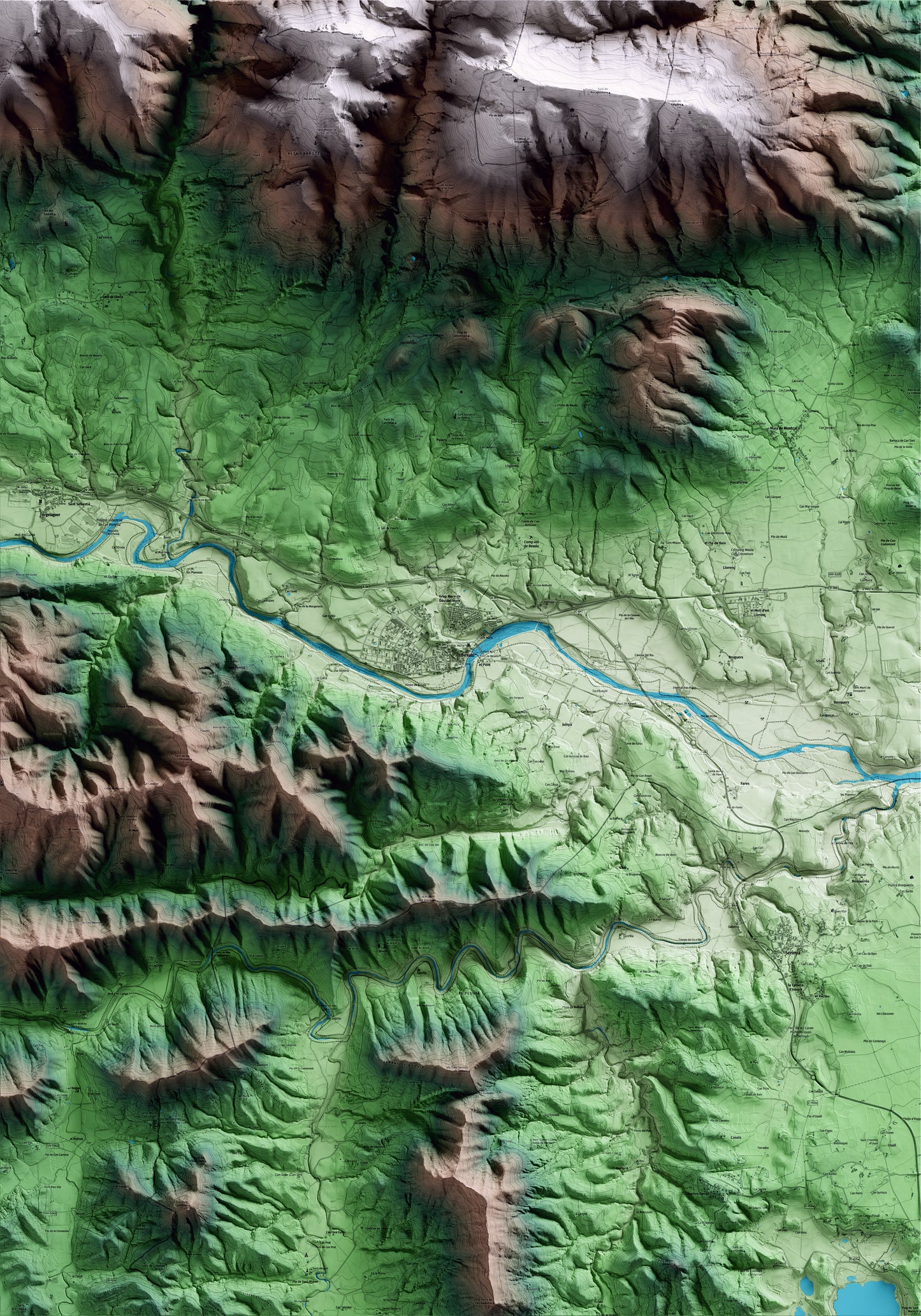 Mapa artístico del relieve de Besalú, a la Garrotxa, con 15 km de entorno y base topográfica ICGC