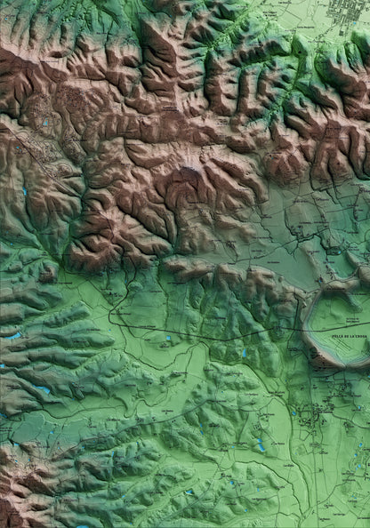 Mapa artístico del relieve de Bescanó, al Gironès, con 15 km de entorno y base topográfica ICGC. Detalle de la zona inferior izquierda.
