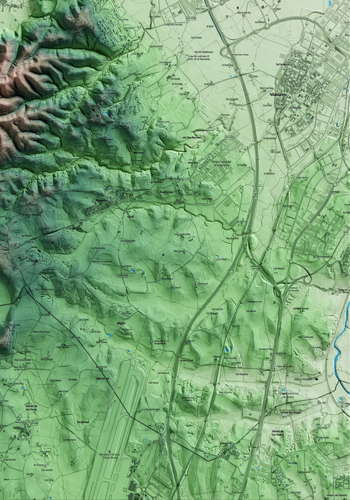 Mapa artístico del relieve de Bescanó, al Gironès, con 15 km de entorno y base topográfica ICGC. Detalle de la zona inferior derecha.