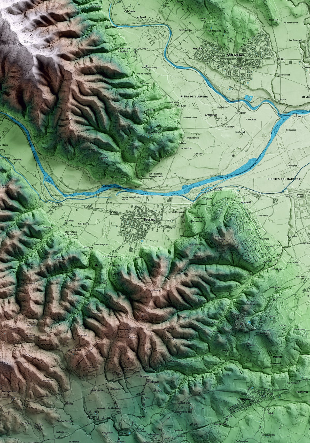 Mapa artístico del relieve de Bescanó, al Gironès, con 15 km de entorno y base topográfica ICGC. Detalle de la zona central.