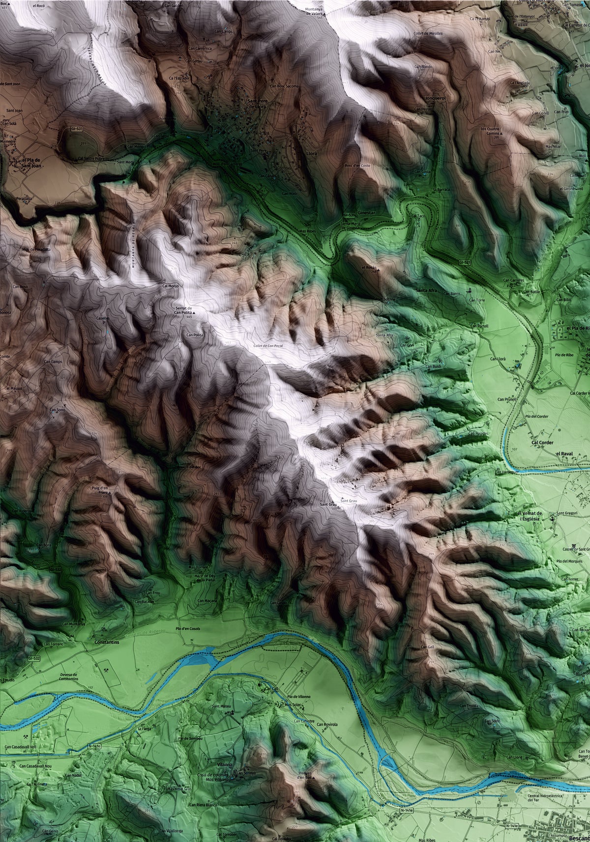 Mapa artístico del relieve de Bescanó, al Gironès, con 15 km de entorno y base topográfica ICGC. Detalle de la zona superior izquierda.