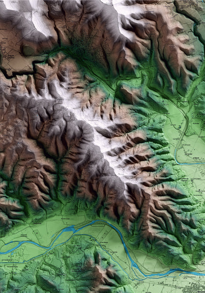 Mapa artístico del relieve de Bescanó, al Gironès, con 15 km de entorno y base topográfica ICGC. Detalle de la zona superior izquierda.