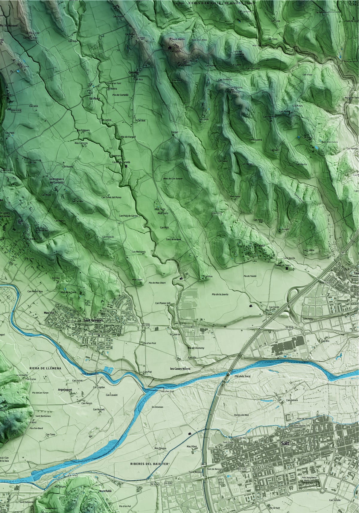 Mapa artístico del relieve de Bescanó, al Gironès, con 15 km de entorno y base topográfica ICGC. Detalle de la zona superior derecha.