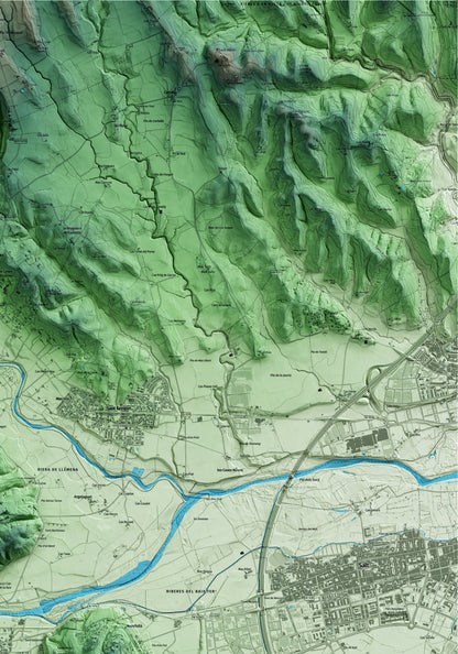 Mapa artístico del relieve de Bescanó, al Gironès, con 15 km de entorno y base topográfica ICGC. Detalle de la zona superior derecha.