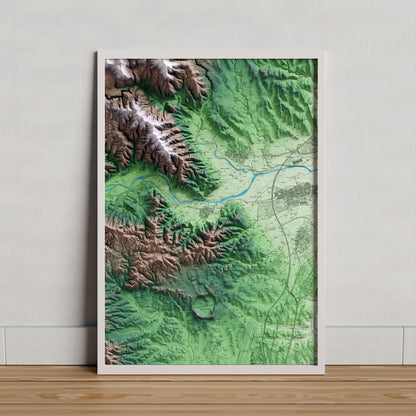 Mapa artístico del relieve de Bescanó, al Gironès, con 15 km de entorno y base topográfica ICGC. Presentación enmarcada.