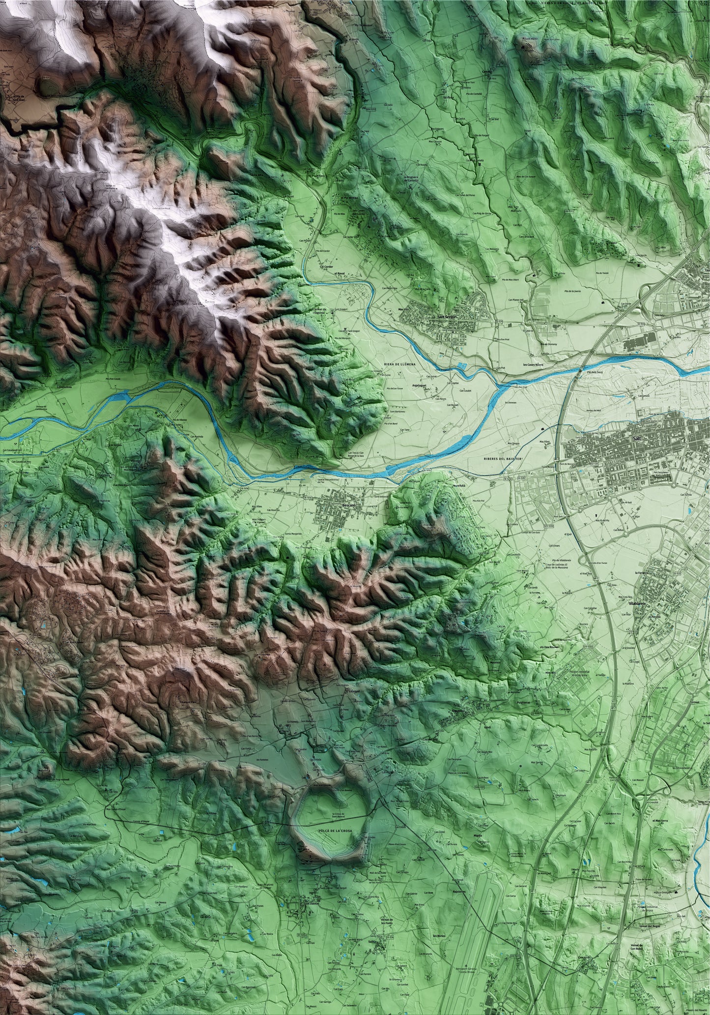 Mapa artístico del relieve de Bescanó, al Gironès, con 15 km de entorno y base topográfica ICGC
