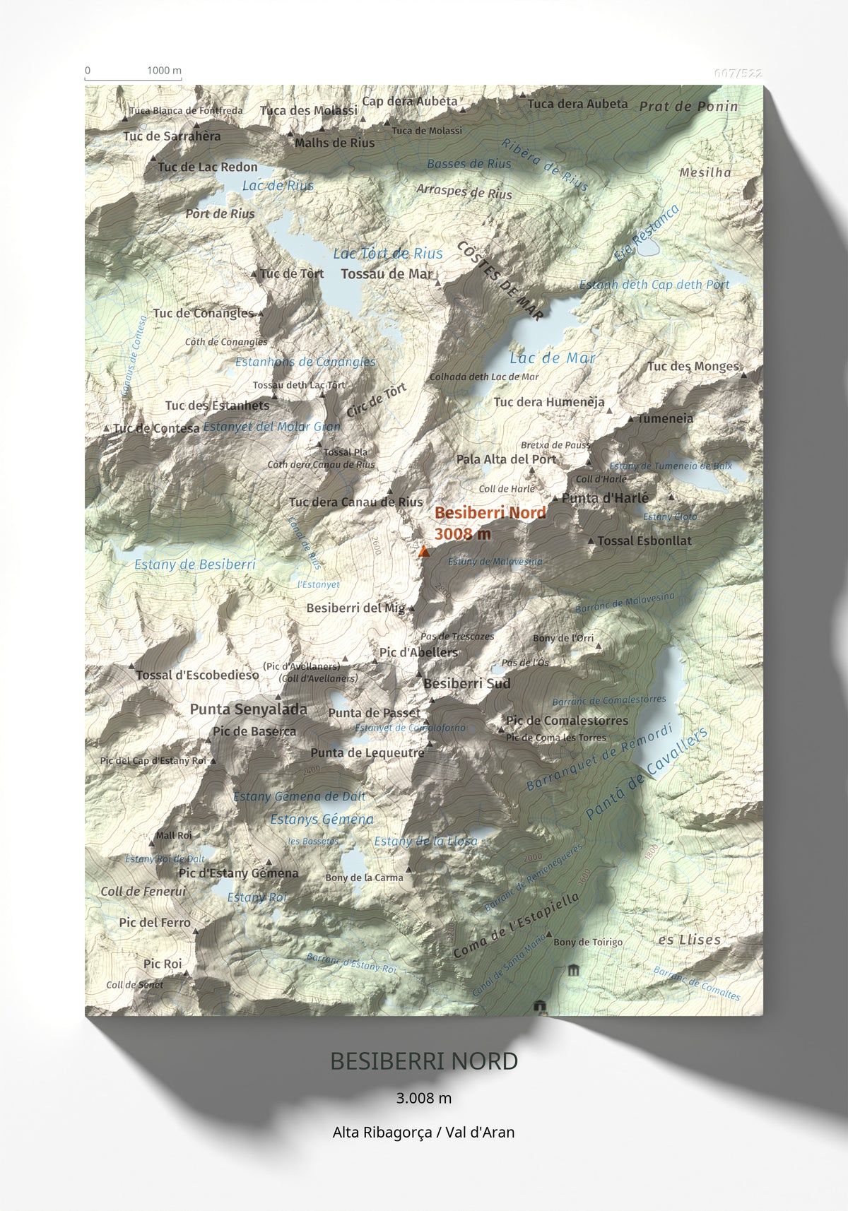 Mapa de relieve de Besiberri Nord, 3008 m, Alta Ribagorça · Val d'Aran, lámina 100 Cims de Trobart 21 × 30 cm.