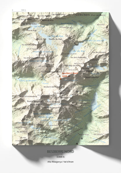 Mapa de relieve de Besiberri Nord, 3008 m, Alta Ribagorça · Val d'Aran, lámina 100 Cims de Trobart 21 × 30 cm.