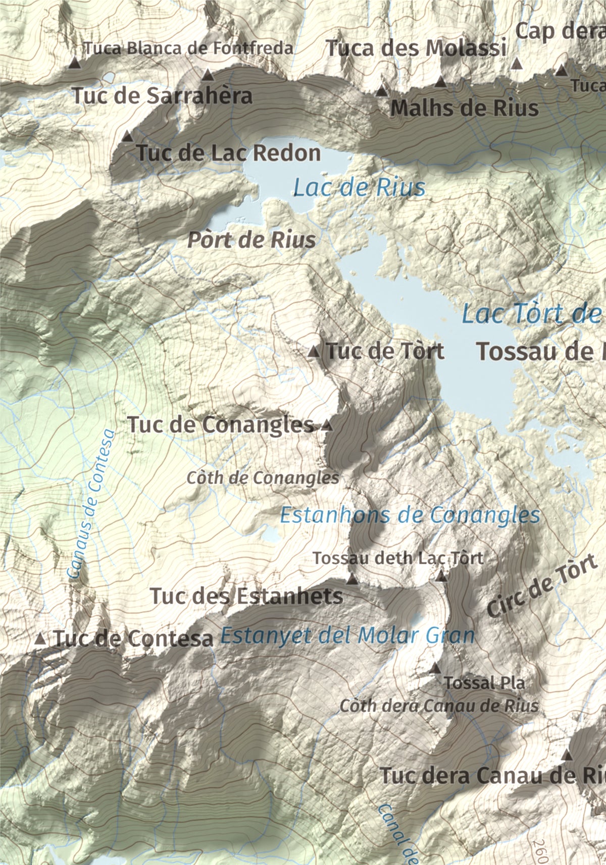 Mapa de relieve de Besiberri Nord, 3008 m, Alta Ribagorça · Val d'Aran, lámina 100 Cims de Trobart. Detalle de la zona superior izquierda. 21 × 30 cm.