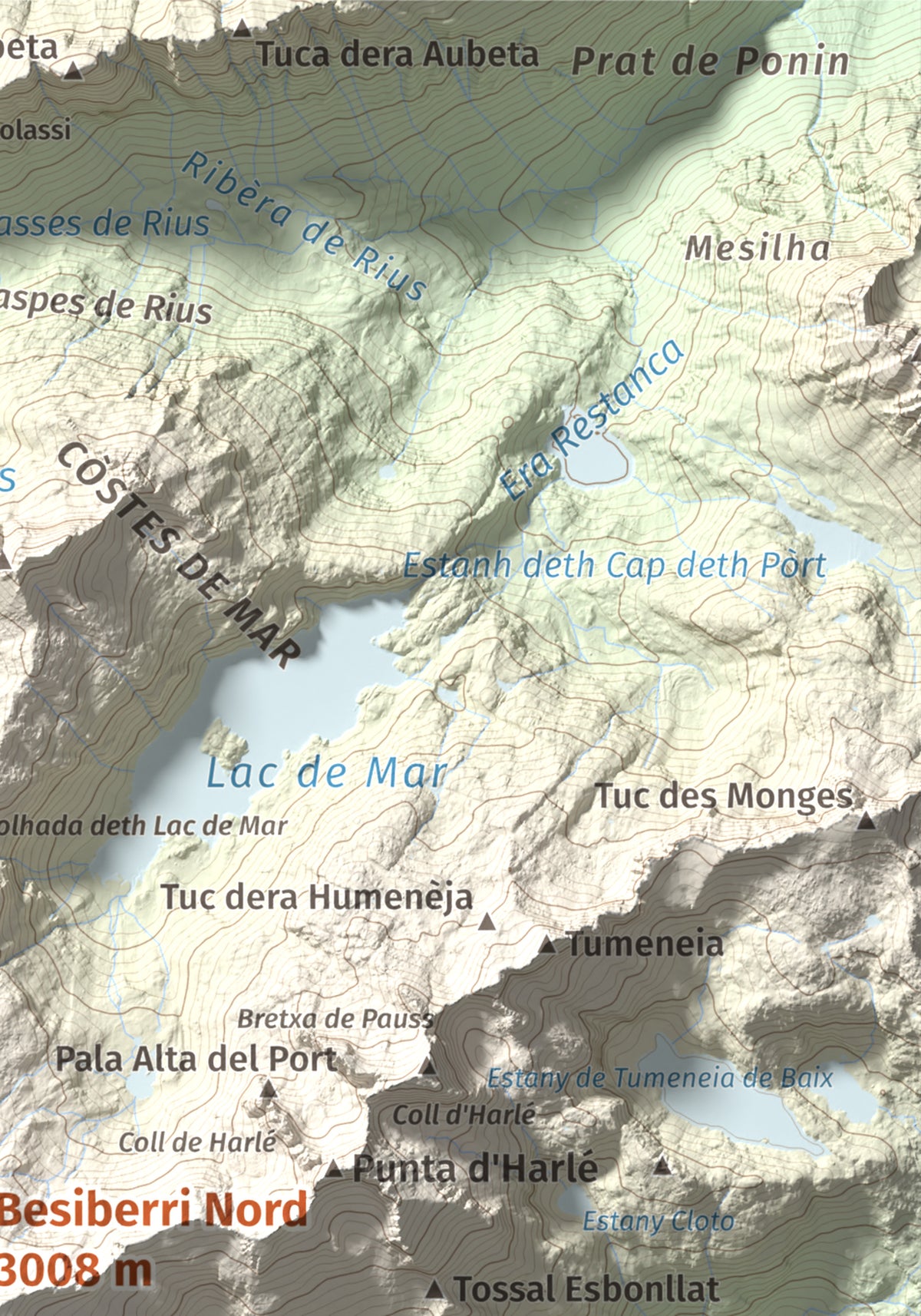 Mapa de relieve de Besiberri Nord, 3008 m, Alta Ribagorça · Val d'Aran, lámina 100 Cims de Trobart. Detalle de la zona superior derecha. 21 × 30 cm.