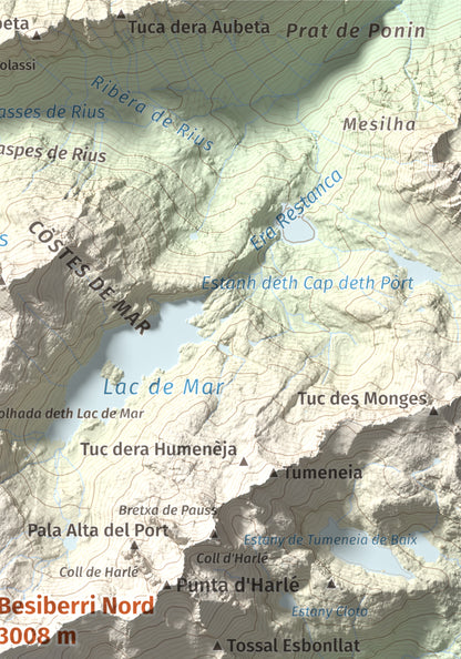 Mapa de relieve de Besiberri Nord, 3008 m, Alta Ribagorça · Val d'Aran, lámina 100 Cims de Trobart. Detalle de la zona superior derecha. 21 × 30 cm.