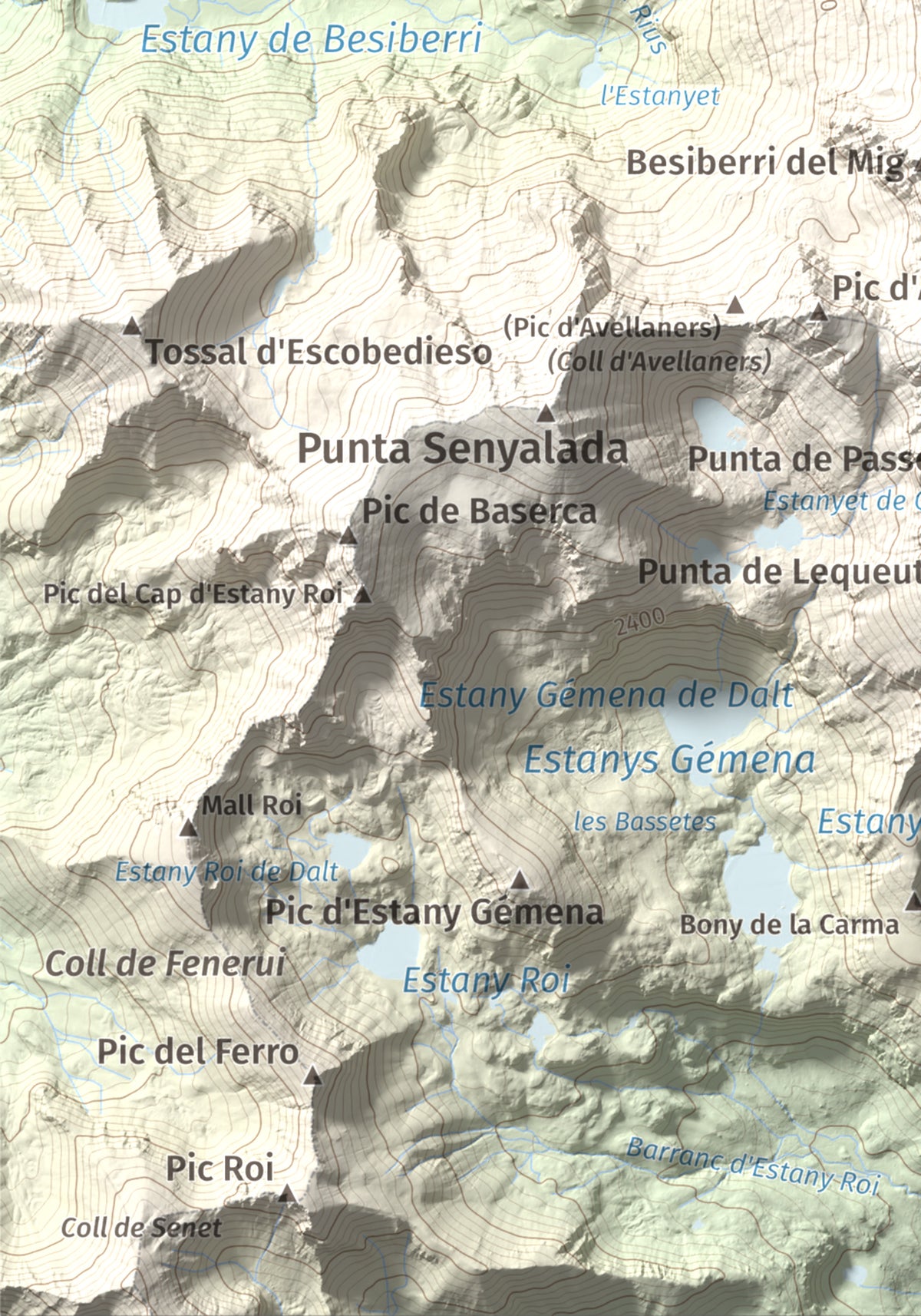 Mapa de relieve de Besiberri Nord, 3008 m, Alta Ribagorça · Val d'Aran, lámina 100 Cims de Trobart. Detalle de la zona inferior izquierda. 21 × 30 cm.