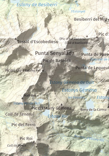 Mapa de relieve de Besiberri Nord, 3008 m, Alta Ribagorça · Val d'Aran, lámina 100 Cims de Trobart. Detalle de la zona inferior izquierda. 21 × 30 cm.