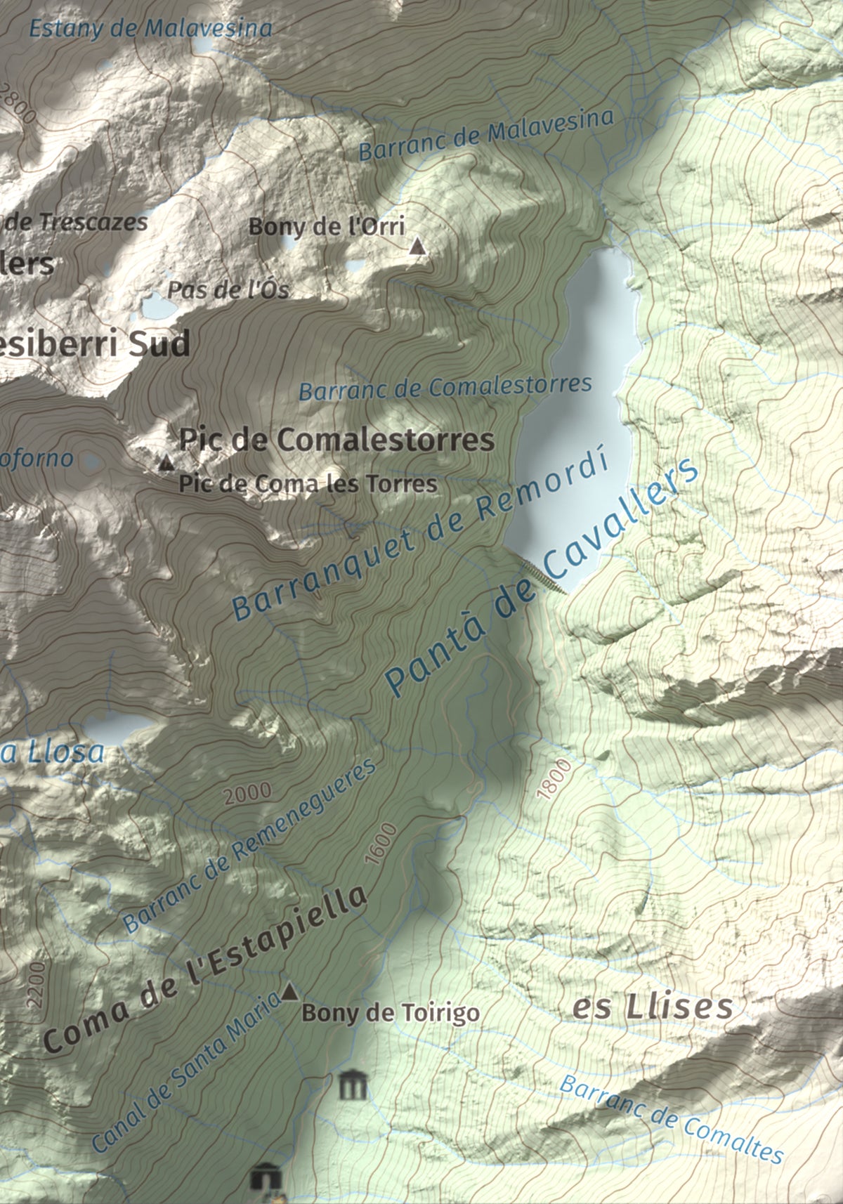 Mapa de relieve de Besiberri Nord, 3008 m, Alta Ribagorça · Val d'Aran, lámina 100 Cims de Trobart. Detalle de la zona inferior derecha. 21 × 30 cm.