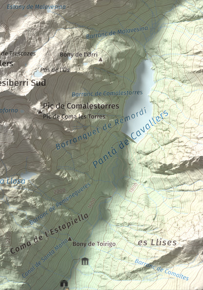 Mapa de relieve de Besiberri Nord, 3008 m, Alta Ribagorça · Val d'Aran, lámina 100 Cims de Trobart. Detalle de la zona inferior derecha. 21 × 30 cm.