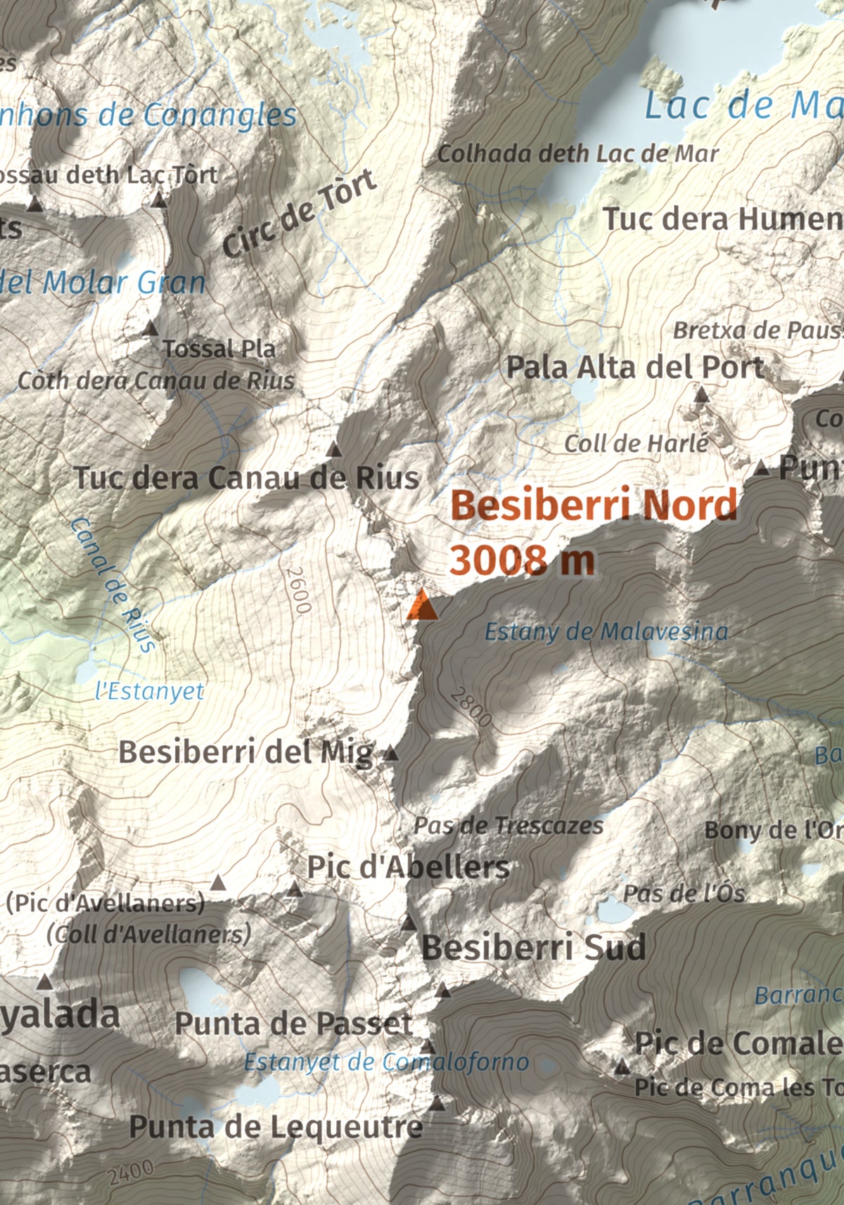 Mapa de relieve de Besiberri Nord, 3008 m, Alta Ribagorça · Val d'Aran, lámina 100 Cims de Trobart. Detalle de la zona central. 21 × 30 cm.