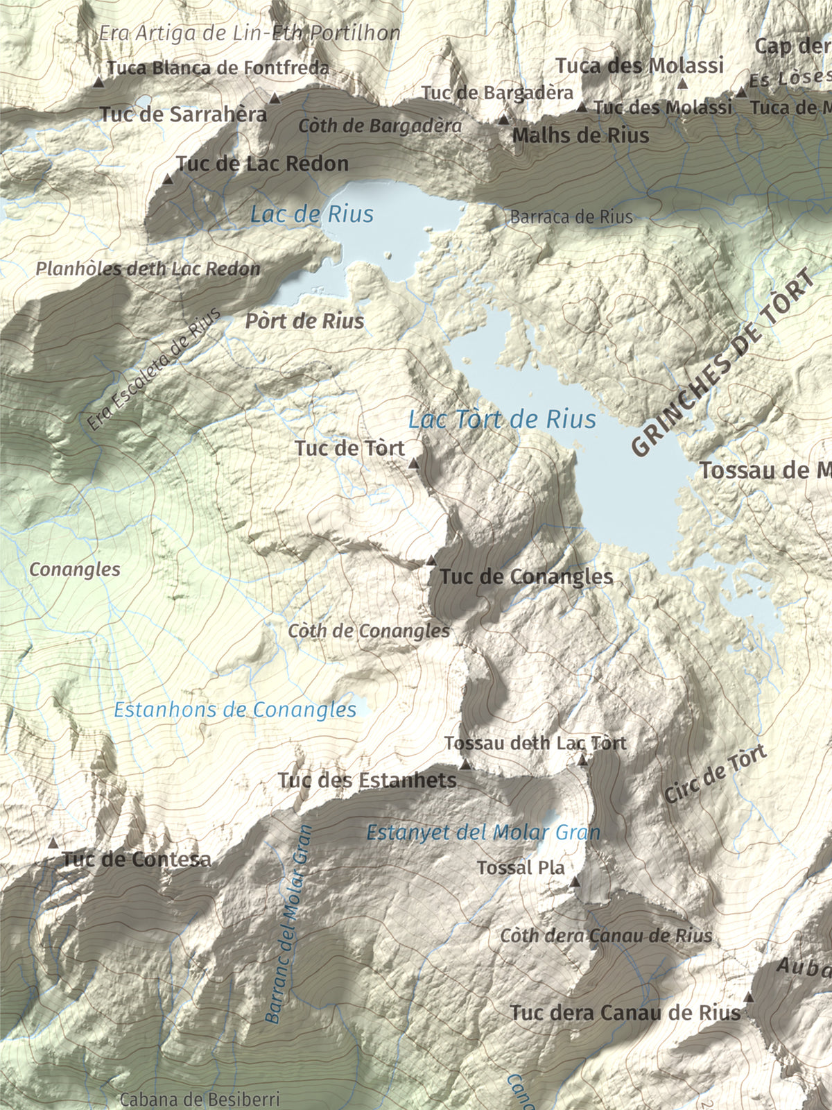 Mapa de relieve de Besiberri Nord, 3008 m, Alta Ribagorça · Val d'Aran, lámina 100 Cims de Trobart. Detalle de la zona superior izquierda. 30 × 40 cm.