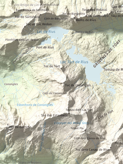 Mapa de relieve de Besiberri Nord, 3008 m, Alta Ribagorça · Val d'Aran, lámina 100 Cims de Trobart. Detalle de la zona superior izquierda. 30 × 40 cm.