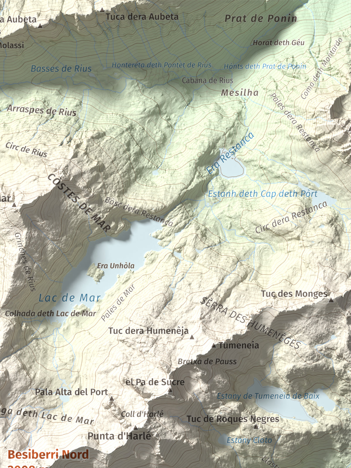 Mapa de relieve de Besiberri Nord, 3008 m, Alta Ribagorça · Val d'Aran, lámina 100 Cims de Trobart. Detalle de la zona superior derecha. 30 × 40 cm.
