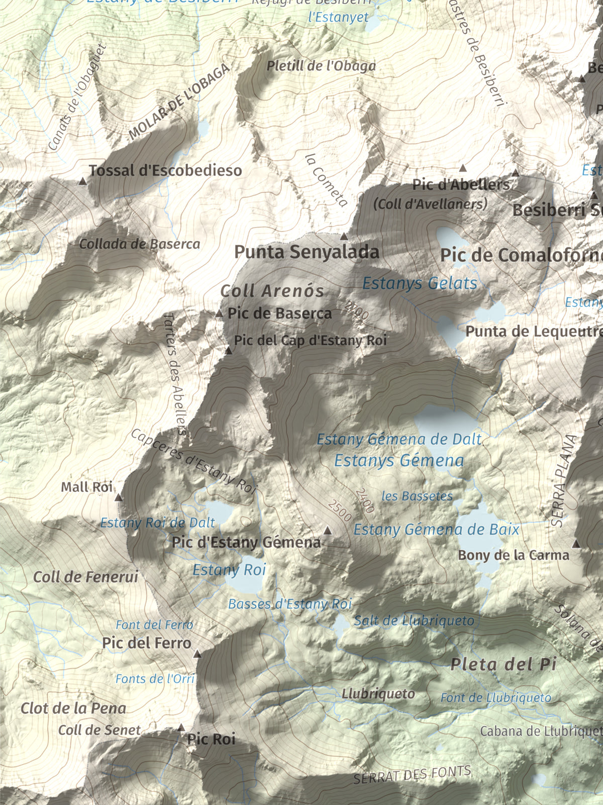 Mapa de relieve de Besiberri Nord, 3008 m, Alta Ribagorça · Val d'Aran, lámina 100 Cims de Trobart. Detalle de la zona inferior izquierda. 30 × 40 cm.