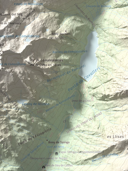 Mapa de relieve de Besiberri Nord, 3008 m, Alta Ribagorça · Val d'Aran, lámina 100 Cims de Trobart. Detalle de la zona inferior derecha. 30 × 40 cm.