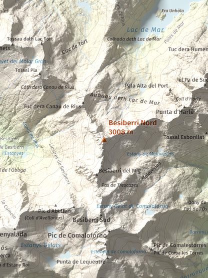 Mapa de relieve de Besiberri Nord, 3008 m, Alta Ribagorça · Val d'Aran, lámina 100 Cims de Trobart. Detalle de la zona central. 30 × 40 cm.
