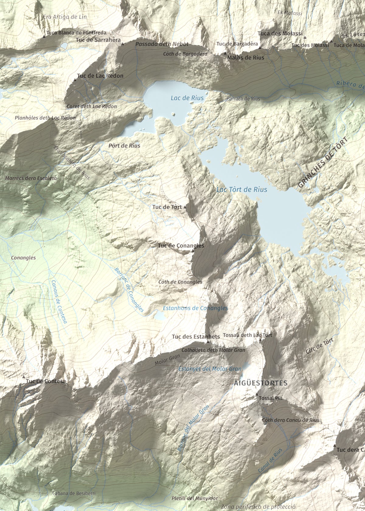Mapa de relieve de Besiberri Nord, 3008 m, Alta Ribagorça · Val d'Aran, lámina 100 Cims de Trobart. Detalle de la zona superior izquierda. 50 × 70 cm.