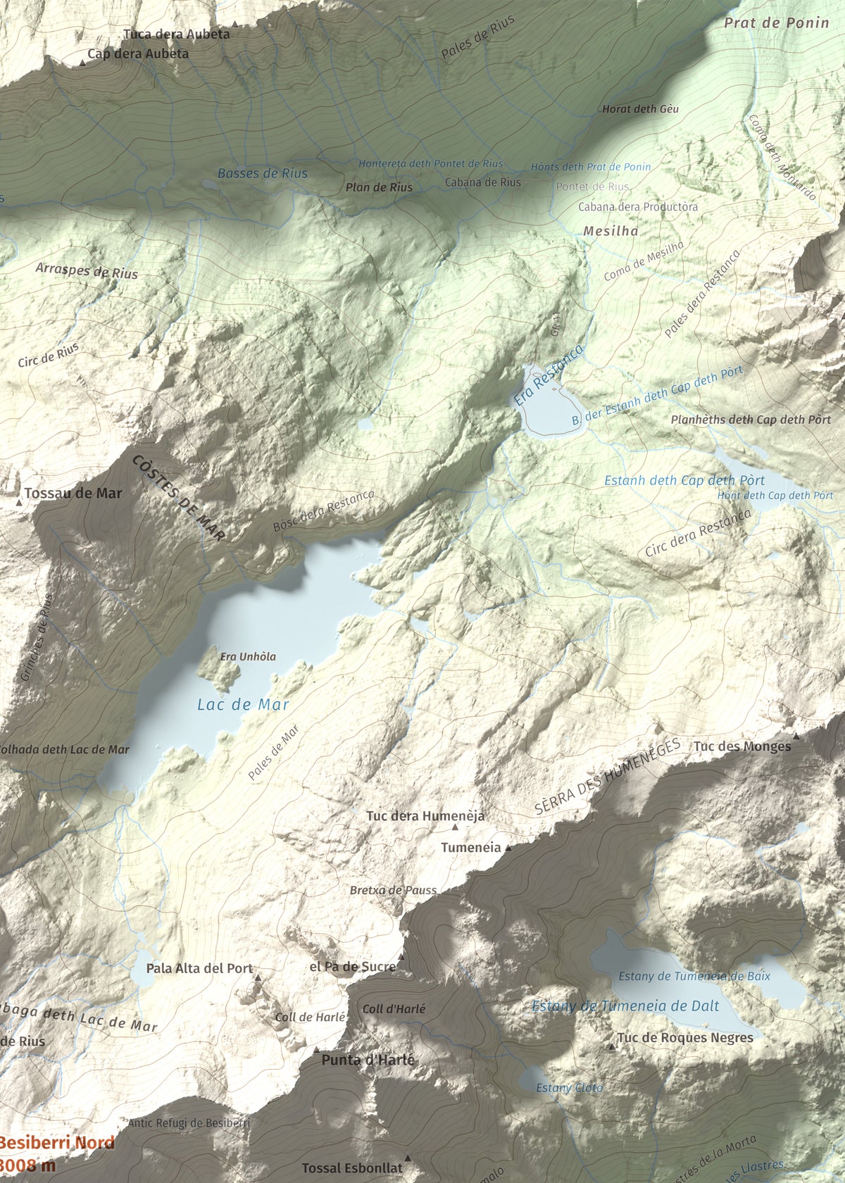 Mapa de relieve de Besiberri Nord, 3008 m, Alta Ribagorça · Val d'Aran, lámina 100 Cims de Trobart. Detalle de la zona superior derecha. 50 × 70 cm.