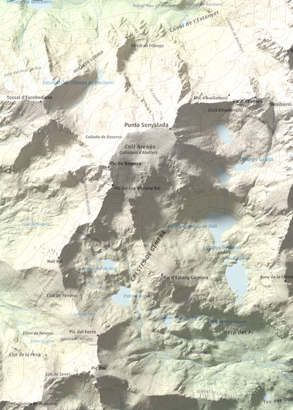 Mapa de relieve de Besiberri Nord, 3008 m, Alta Ribagorça · Val d'Aran, lámina 100 Cims de Trobart. Detalle de la zona inferior izquierda. 50 × 70 cm.