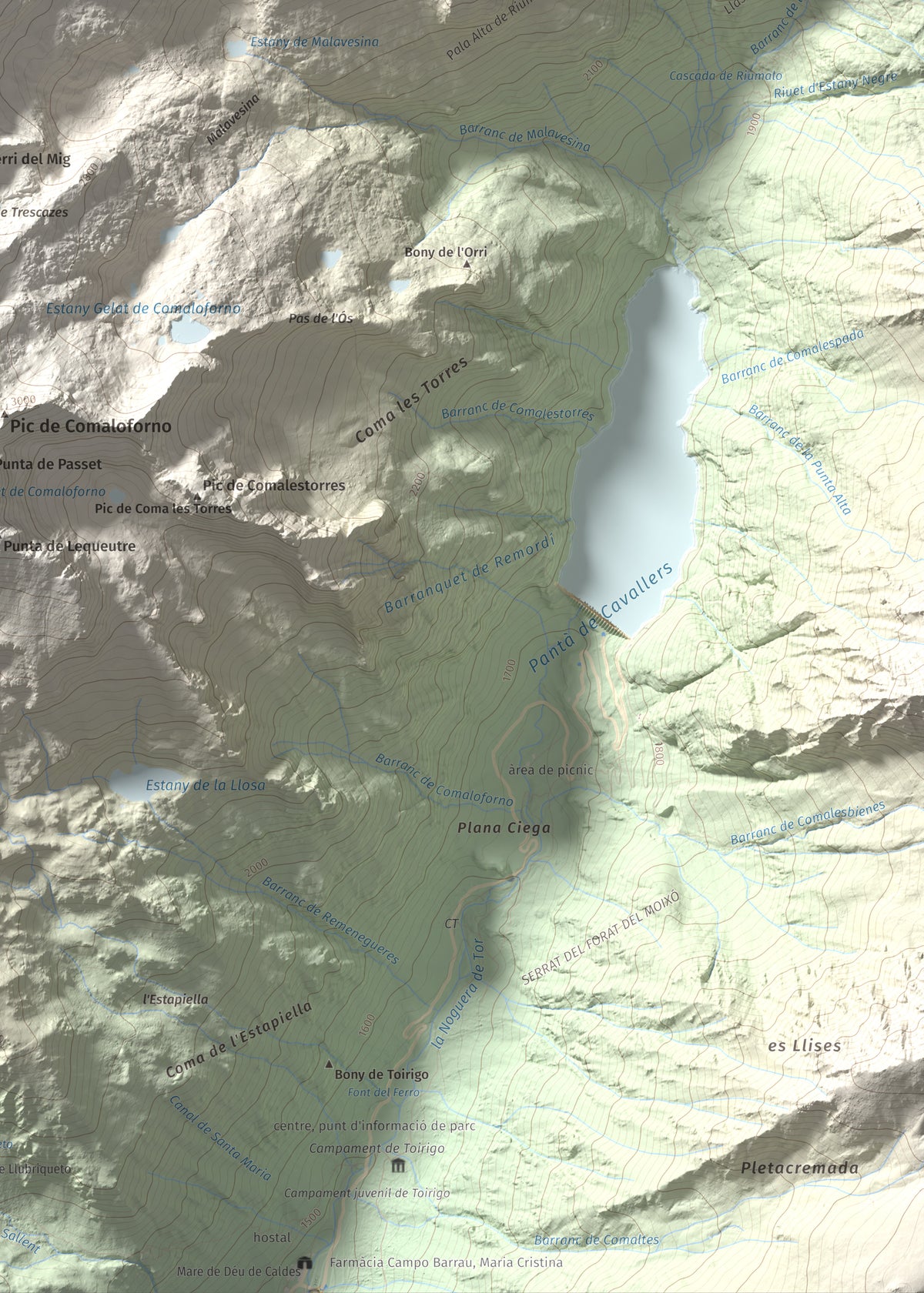 Mapa de relieve de Besiberri Nord, 3008 m, Alta Ribagorça · Val d'Aran, lámina 100 Cims de Trobart. Detalle de la zona inferior derecha. 50 × 70 cm.