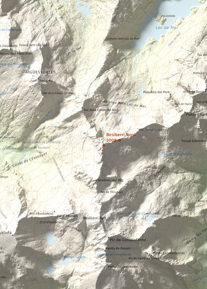 Mapa de relieve de Besiberri Nord, 3008 m, Alta Ribagorça · Val d'Aran, lámina 100 Cims de Trobart. Detalle de la zona central. 50 × 70 cm.