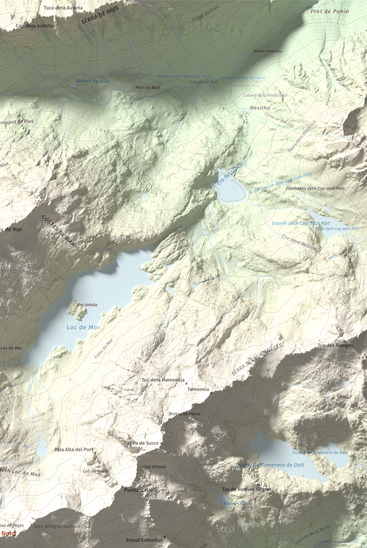 Mapa de relieve de Besiberri Nord, 3008 m, Alta Ribagorça · Val d'Aran, lámina 100 Cims de Trobart. Detalle de la zona superior derecha. 61 × 91 cm.