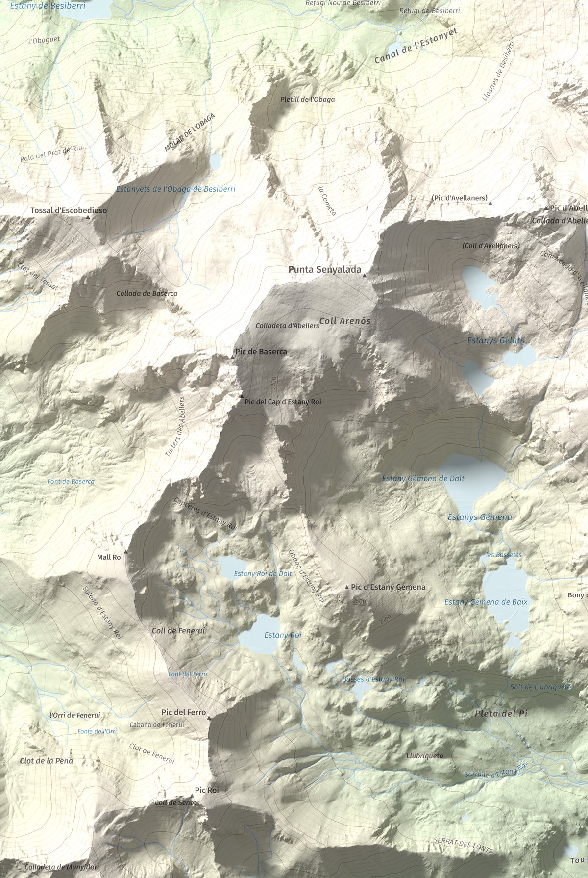 Mapa de relieve de Besiberri Nord, 3008 m, Alta Ribagorça · Val d'Aran, lámina 100 Cims de Trobart. Detalle de la zona inferior izquierda. 61 × 91 cm.