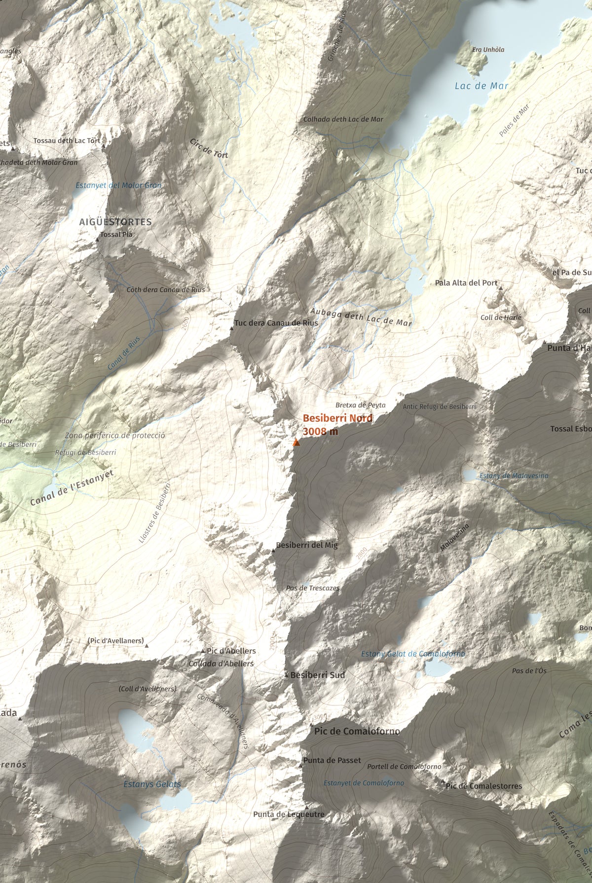 Mapa de relieve de Besiberri Nord, 3008 m, Alta Ribagorça · Val d'Aran, lámina 100 Cims de Trobart. Detalle de la zona central. 61 × 91 cm.