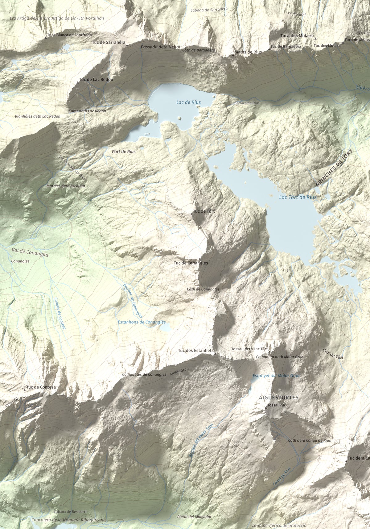 Mapa de relieve de Besiberri Nord, 3008 m, Alta Ribagorça · Val d'Aran, lámina 100 Cims de Trobart. Detalle de la zona superior izquierda. 70 × 100 cm.
