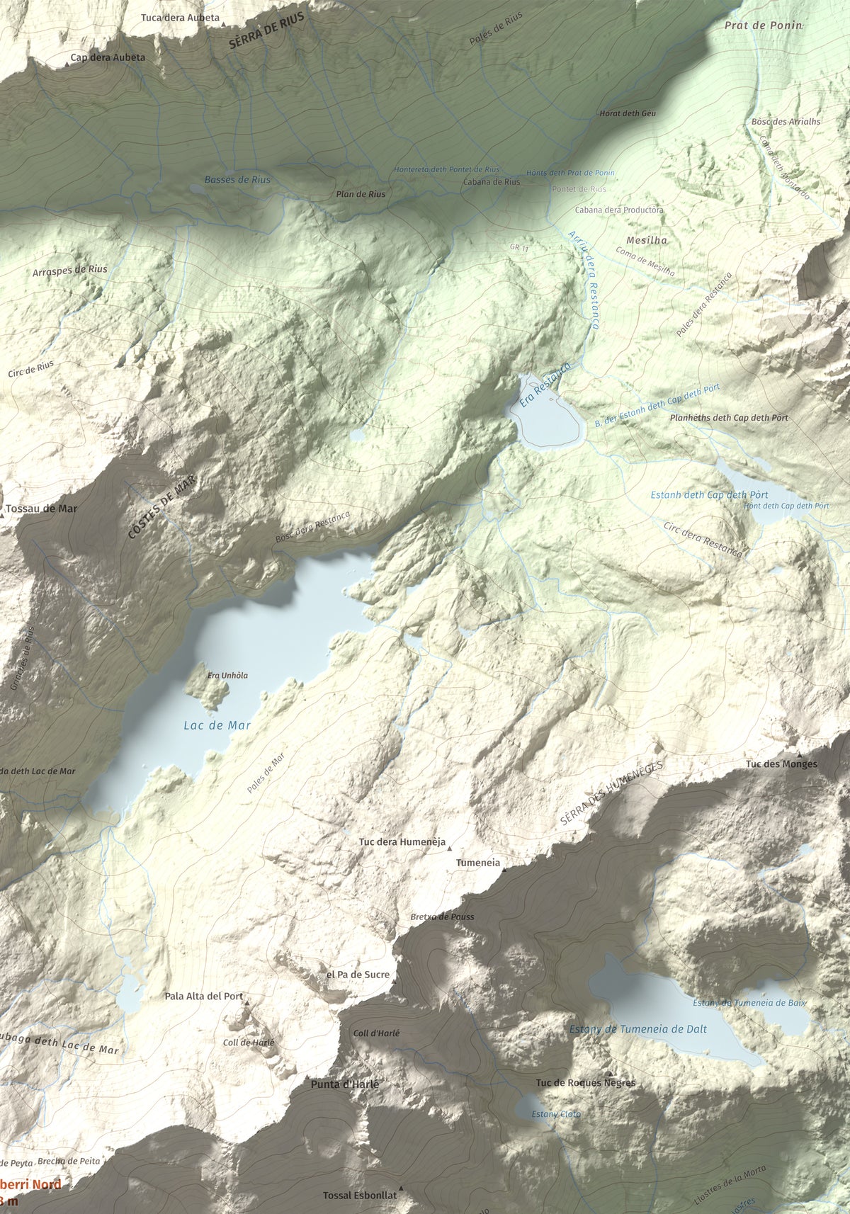 Mapa de relieve de Besiberri Nord, 3008 m, Alta Ribagorça · Val d'Aran, lámina 100 Cims de Trobart. Detalle de la zona superior derecha. 70 × 100 cm.