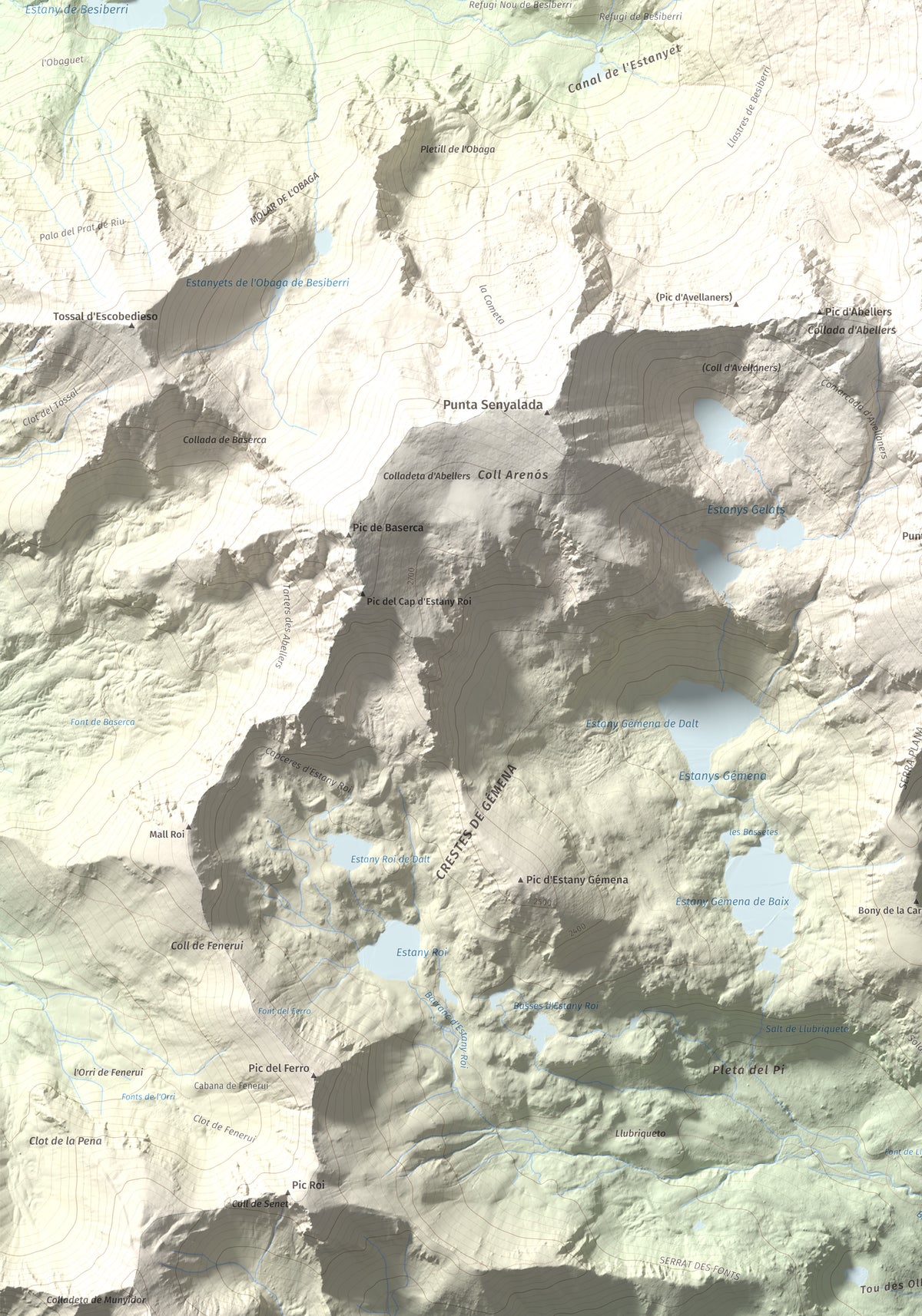 Mapa de relieve de Besiberri Nord, 3008 m, Alta Ribagorça · Val d'Aran, lámina 100 Cims de Trobart. Detalle de la zona inferior izquierda. 70 × 100 cm.