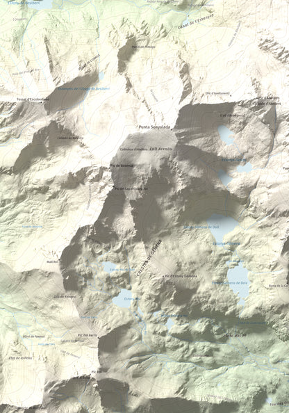 Mapa de relieve de Besiberri Nord, 3008 m, Alta Ribagorça · Val d'Aran, lámina 100 Cims de Trobart. Detalle de la zona inferior izquierda. 70 × 100 cm.