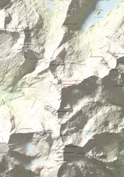 Mapa de relieve de Besiberri Nord, 3008 m, Alta Ribagorça · Val d'Aran, lámina 100 Cims de Trobart. Detalle de la zona central. 70 × 100 cm.