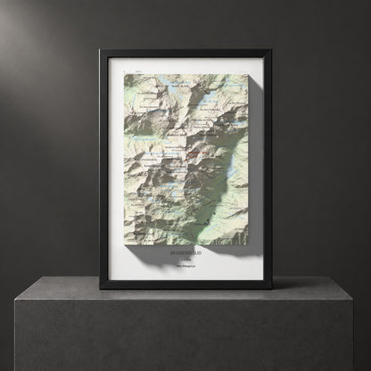 Mapa de relieve de Besiberri Sud, 3023 m, Alta Ribagorça, lámina 100 Cims de Trobart. Presentación enmarcada. 21 × 30 cm.