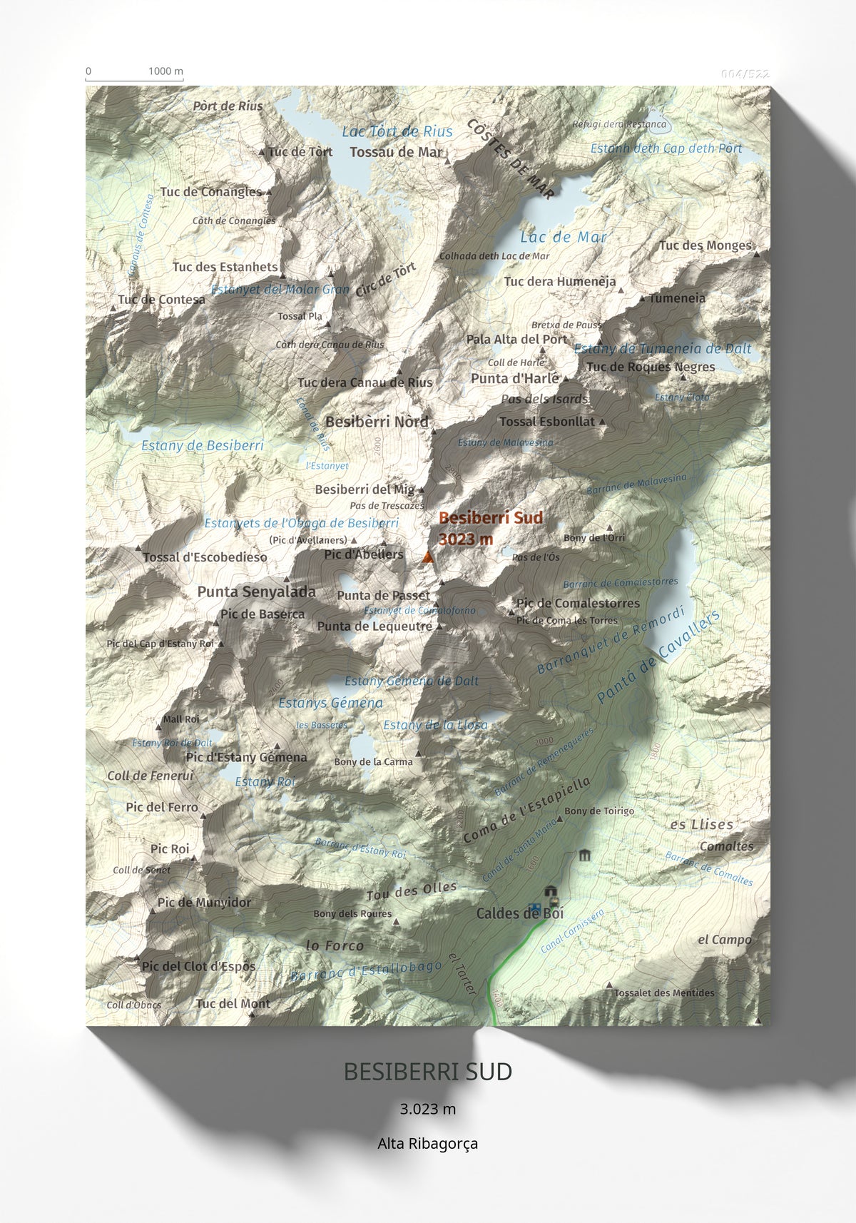 Mapa de relieve de Besiberri Sud, 3023 m, Alta Ribagorça, lámina 100 Cims de Trobart 21 × 30 cm.