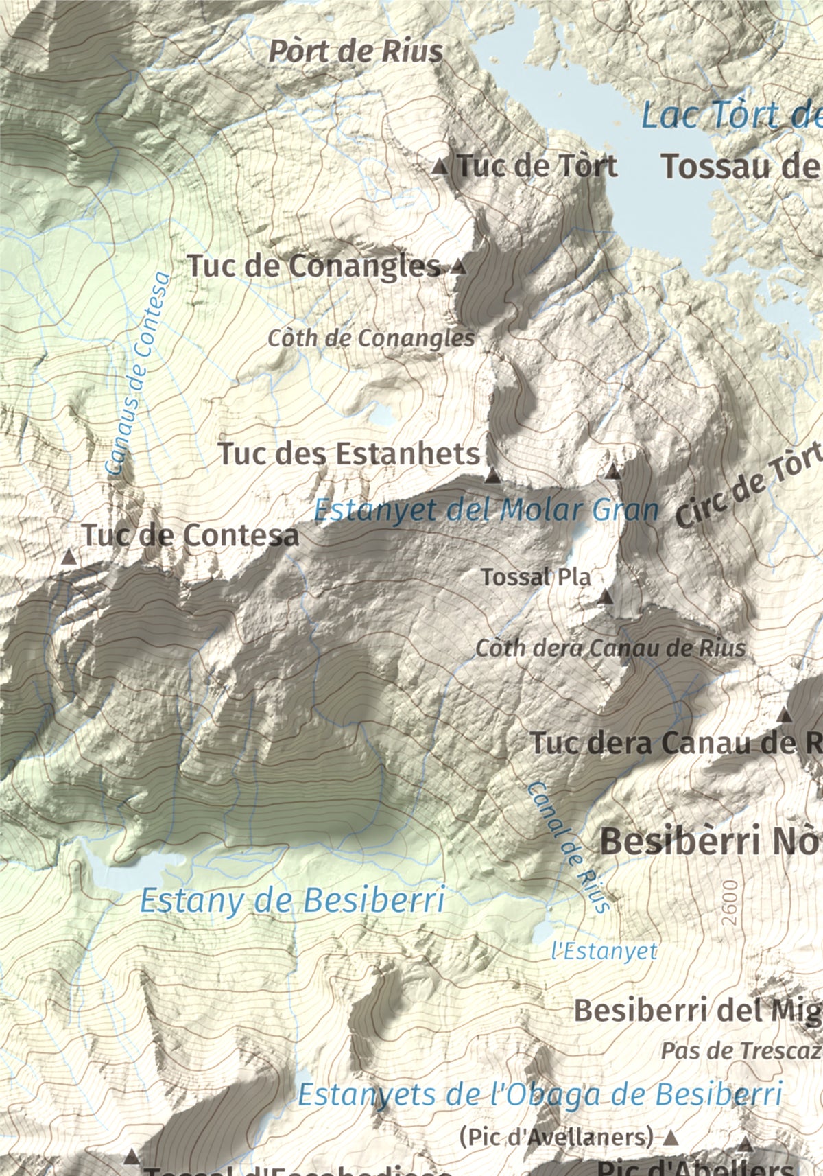 Mapa de relieve de Besiberri Sud, 3023 m, Alta Ribagorça, lámina 100 Cims de Trobart. Detalle de la zona superior izquierda. 21 × 30 cm.