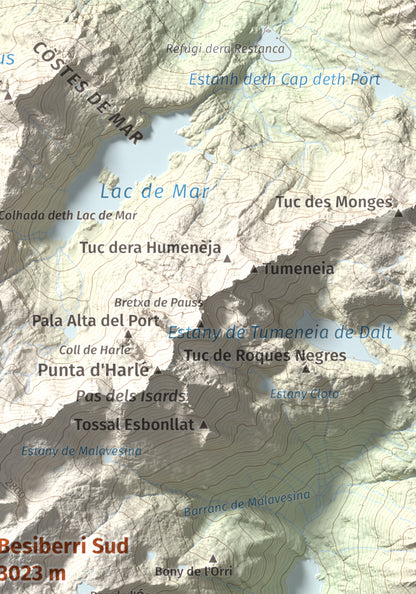 Mapa de relieve de Besiberri Sud, 3023 m, Alta Ribagorça, lámina 100 Cims de Trobart. Detalle de la zona superior derecha. 21 × 30 cm.