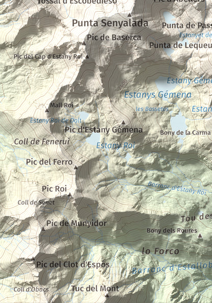 Mapa de relieve de Besiberri Sud, 3023 m, Alta Ribagorça, lámina 100 Cims de Trobart. Detalle de la zona inferior izquierda. 21 × 30 cm.