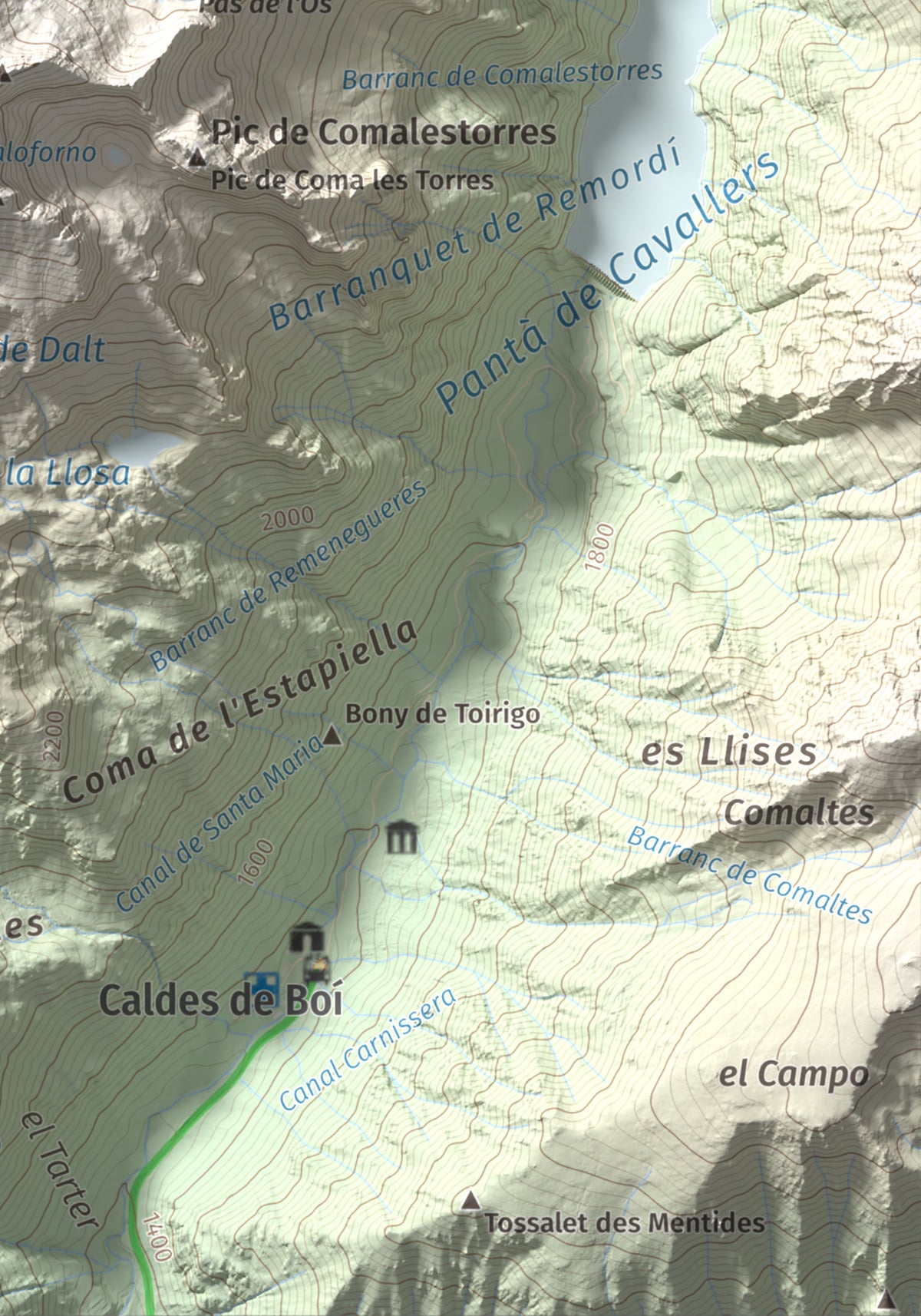 Mapa de relieve de Besiberri Sud, 3023 m, Alta Ribagorça, lámina 100 Cims de Trobart. Detalle de la zona inferior derecha. 21 × 30 cm.