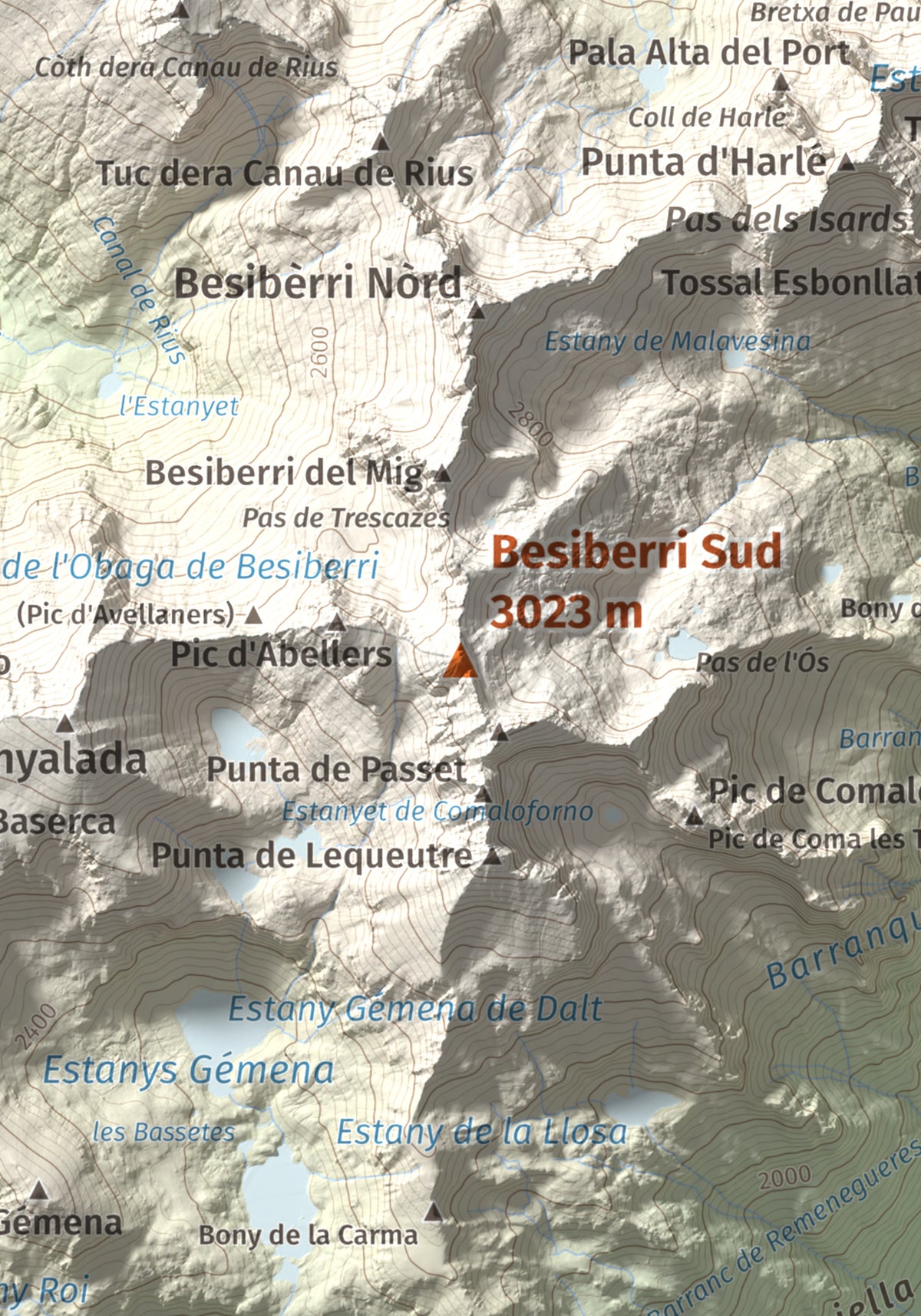 Mapa de relieve de Besiberri Sud, 3023 m, Alta Ribagorça, lámina 100 Cims de Trobart. Detalle de la zona central. 21 × 30 cm.