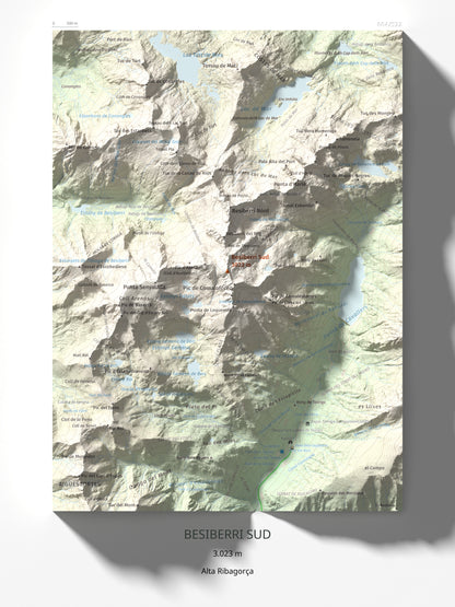Mapa de relieve de Besiberri Sud, 3023 m, Alta Ribagorça, lámina 100 Cims de Trobart 30 × 40 cm.
