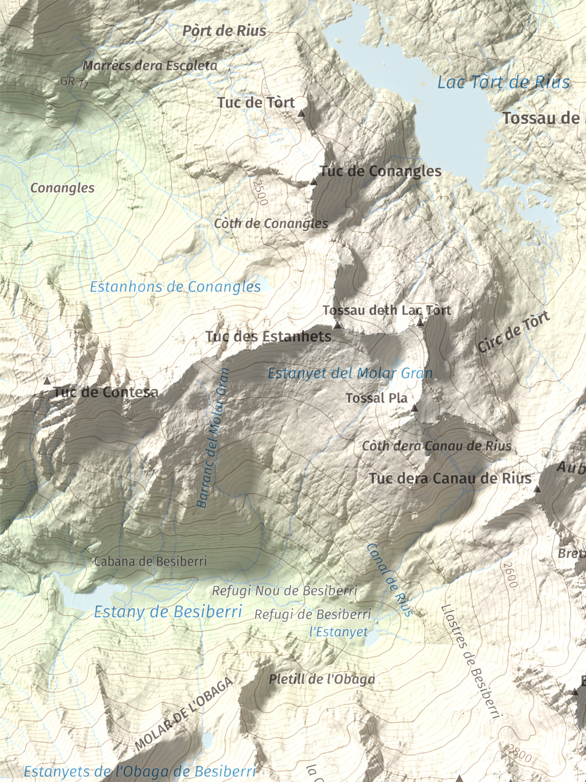 Mapa de relieve de Besiberri Sud, 3023 m, Alta Ribagorça, lámina 100 Cims de Trobart. Detalle de la zona superior izquierda. 30 × 40 cm.